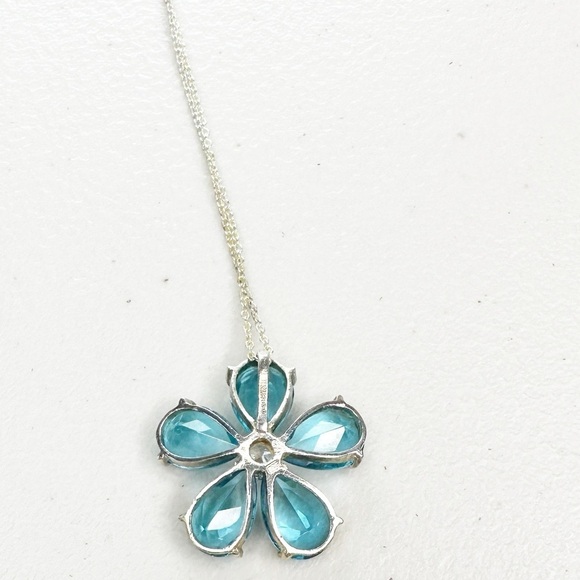 Italy 925 Sterling Silver Blue Topaz CZ Plumeria Flower Necklace 18” - Picture 4 of 8